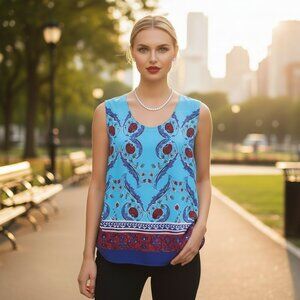 ESCADA Majorca Fantasy Sleeveless Blouse L Shell Under Suit Top Floral Shirt